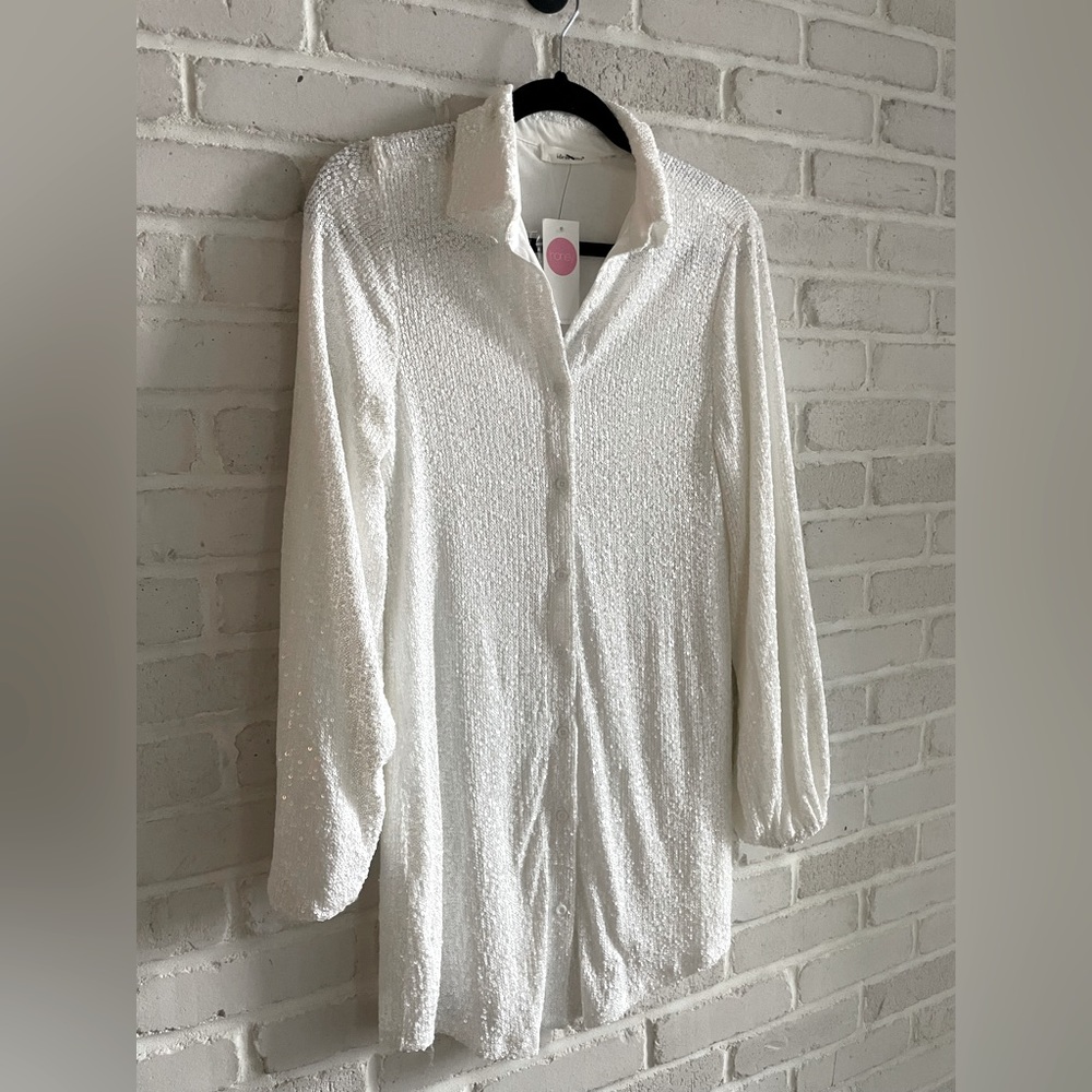 Honey White Sequinned Button Down Shirt, Size Small.